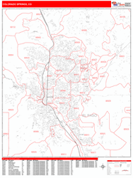 Colorado Springs Wall Map Zip Code Red Line Style 2025